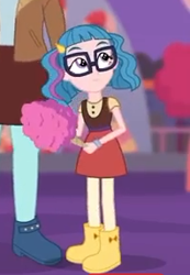 Size: 198x286 | Tagged: safe, derpibooru import, screencap, technicolor waves, better together, equestria girls, rollercoaster of friendship, background human, boots, clothes, cotton candy, cropped, female, glasses, shoes, skirt