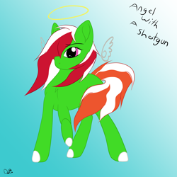 Size: 3000x3000 | Tagged: safe, artist:dreamcatcher, derpibooru import, oc, oc:wandering sunrise, angel, earth pony, pony, fallout equestria, fallout equestria: dead tree, angel with a shotgun, doodle, ep, fallout, fanart, fanfic, fanfic art, fanfiction character, female, fiaura, gradient background, hooves, mare, solo, song reference, tank girl, text, the cab