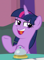 Size: 616x836 | Tagged: safe, screencap, twilight sparkle, twilight sparkle (alicorn), alicorn, pony, a trivial pursuit, bell, cropped, gesture, open mouth, raised hoof, reaction image, sideways glance, sitting, smiling, smug, solo