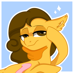 Size: 1676x1652 | Tagged: safe, artist:koloredkat, oc, oc only, pegasus, pony, bust, ear fluff, emoji, female, mare, pegasus oc, ponified, smiling, thinking, thinking emoji, wings