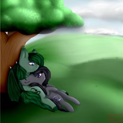 Size: 894x894 | Tagged: safe, artist:diantrex, oc, oc only, oc:doom nocturne, oc:midnight blitz, bat pony, pony, blushing, couple, cuddling, tree