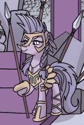 Size: 244x360 | Tagged: safe, artist:tonyfleecs, idw, earth pony, pony, spoiler:comic, spoiler:comicfeatsoffriendship03, armor, braid, cropped, female, hoof hold, hoof shoes, mare, official comic, solo, spear, terri belle, thracian, weapon