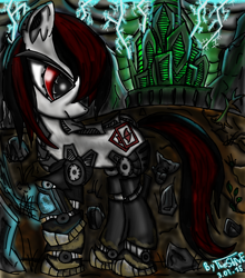 Size: 838x954 | Tagged: safe, artist:thestive19, derpibooru import, oc, oc only, oc:blackjack, cyborg, pony, unicorn, fallout equestria, fallout equestria: project horizons, cutie mark, cyber legs, dead tree, fanfic, fanfic art, female, hooves, mare, raised hoof, solo, tree