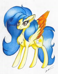 Size: 1569x1973 | Tagged: safe, artist:luxiwind, derpibooru import, oc, oc:gold aura, pegasus, pony, female, mare, solo, traditional art, two toned wings