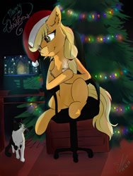 Size: 1010x1346 | Tagged: safe, artist:yuris, applejack, cat, earth pony, pony, cheek fluff, chest fluff, christmas, christmas tree, ear fluff, female, holiday, leg fluff, mare, sitting, solo, tree