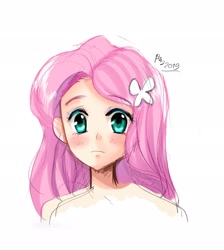Size: 1832x2048 | Tagged: safe, artist:love2eategg, fluttershy, human, anime, bust, female, humanized, portrait, simple background, solo, white background