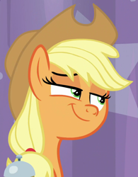 Size: 744x954 | Tagged: safe, derpibooru import, screencap, applejack, earth pony, pony, a trivial pursuit, cropped, female, lidded eyes, mare, reaction image, sideways glance, smiling, smug, solo