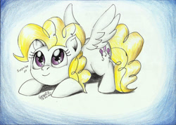 Size: 2338x1661 | Tagged: safe, artist:3500joel, derpibooru import, surprise, pegasus, pony, g1, cute, female, g1 to g4, generation leap, signature, solo, traditional art