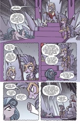 Size: 993x1528 | Tagged: safe, artist:tonyfleecs, idw, swift foot, earth pony, pony, spoiler:comic, spoiler:comicfeatsoffriendship03, armor, beard, braid, braided tail, comic, facial hair, female, king diomedes, male, mare, official comic, preview, spear, speech bubble, stallion, terri belle, thracian, throne, weapon