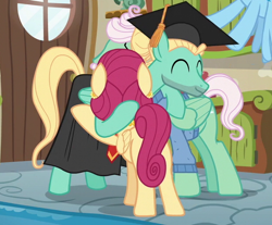 Size: 620x514 | Tagged: safe, derpibooru import, screencap, gentle breeze, posey shy, zephyr breeze, pegasus, pony, flutter brutter, cropped, eyes closed, female, graduation cap, hat, hug, male, smiling, stallion