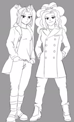 Size: 1400x2292 | Tagged: artist needed, source needed, safe, derpibooru import, adagio dazzle, aria blaze, equestria girls, clothes, duo, grayscale, looking at you, monochrome, soda stereo, trenchcoat