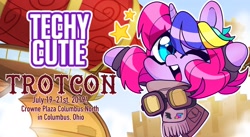 Size: 2048x1126 | Tagged: safe, artist:techycutie, oc, oc:techy twinkle, pony, unicorn, advertisement, artist alley, chibi, clothes, convention, cute, goggles, jacket, scarf, solo, stars, trotcon, wings