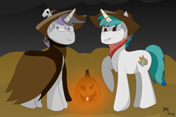 Size: 15000x10000 | Tagged: safe, artist:inky scroll, oc, oc:inky scroll, oc:snowy blue, pony, unicorn, bandana, card, cloak, clothes, costume, cowboy, cowboy hat, dealer, halloween, hat, holiday, male, pumpkin