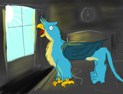 Size: 1300x1000 | Tagged: safe, artist:horsesplease, gallus, griffon, bed, behaving like a rooster, crowing, gallus the rooster, instinct, screaming, sun, waking up, window