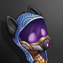 Size: 2000x2000 | Tagged: safe, artist:shido-tara, pony, armor, bust, crossover, gray background, helmet, mass effect, ponified, portrait, quarian, respirator, simple background, solo, watching in camera