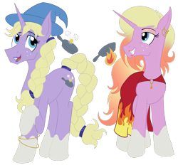 Size: 1400x1300 | Tagged: safe, artist:sixes&sevens, pony, unicorn, braid, braided tail, cloak, clothes, ear piercing, earring, eyeshadow, female, freckles, hat, jewelry, lipstick, lup, makeup, male, piercing, ponified, simple background, socks (coat marking), spoilers for another series, taako, the adventure zone, transgender, transparent background, twins