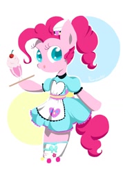 Size: 1230x1732 | Tagged: safe, artist:1drfl_world_end, pinkie pie, earth pony, pony, coinky-dink world, eqg summertime shorts, equestria girls, abstract background, apron, bipedal, clothes, cute, diapinkes, dress, equestria girls ponified, female, mare, milkshake, ponified, ponytail, server pinkie pie, solo, tongue out, tray