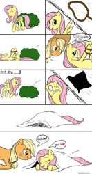 Size: 653x1224 | Tagged: safe, artist:kristelpokemonfan, applejack, fluttershy, earth pony, pegasus, pony, appleshy, blanket, blushing, bush, comic, dialogue, female, lasso, lesbian, mare, rope, shipping