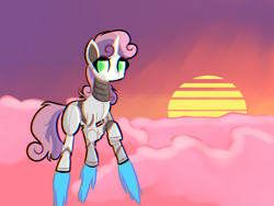 Size: 1600x1200 | Tagged: safe, artist:provolonepone, sweetie belle, sweetie bot, pony, robot, robot pony, cloud, cute, diasweetes, flying, solo, sun, sunset, thruster