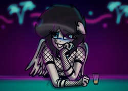 Size: 1961x1396 | Tagged: safe, artist:palmartz44, anthro, pegasus, drunk, fishnet stockings, monochrome, request, requested art, solo, vaporwave, vaporwave style