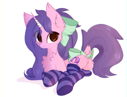 Size: 1636x1252 | Tagged: safe, alternate version, artist:little-sketches, oc, oc only, oc:avici flower, pony, unicorn, bandage, bow, broken horn, chest fluff, clothes, cute, dock, ear fluff, eye clipping through hair, female, fluffy, hair bow, horn, looking at you, mare, plot, sfw edit, socks, striped socks, tail bow