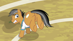 Size: 1280x720 | Tagged: safe, screencap, quibble pants, earth pony, pony, common ground, buckball, bucking, male, plot, plump, quibble butts, solo, stallion, stupid sexy quibble pants, sweat, thick