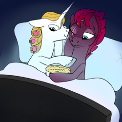 Size: 1900x1900 | Tagged: safe, artist:tempestintheponyvile, prince blueblood, tempest shadow, berryblood, female, food, male, popcorn, shipping, straight, watching
