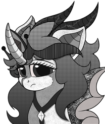 Size: 1432x1688 | Tagged: safe, artist:rainbowtashie, oc, oc only, oc:ebonyshadow, pony, bust, crown, female, jewelry, mare, monochrome, necklace, popart, regalia, simple background, solo