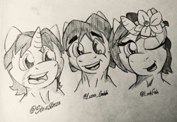 Size: 1024x707 | Tagged: safe, artist:lucas_gaxiola, oc, oc only, oc:charmed clover, earth pony, pony, unicorn, bust, earth pony oc, female, flower, flower in hair, horn, male, mare, one eye closed, open mouth, smiling, stallion, traditional art, unicorn oc, wink