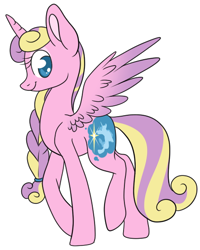 Size: 442x553 | Tagged: safe, artist:srsishere, derpibooru import, princess skyla, alicorn, pony, braided ponytail, cutie mark, eyeshadow, female, makeup, mare, older, ponytail, simple background, smiling, solo, spread wings, walking, white background, wings