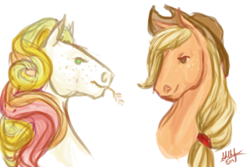 Size: 450x300 | Tagged: safe, artist:sdlhf, applejack, earth pony, horse, pony, bust, cousins, duo, female, freckles, golden delicious (g3), headcanon, hoers, mare, realistic, simple background, straw in mouth, white background