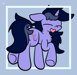 Size: 1960x1920 | Tagged: safe, artist:kimjoman, oc, oc only, oc:purple flix, pony, unicorn, :p, chest fluff, cute, dock, eyes closed, floppy ears, heart, male, raised hoof, rear view, simple background, solo, stallion, tongue out, underhoof