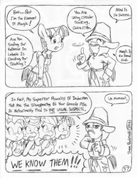 Size: 849x1100 | Tagged: safe, artist:circe, derpibooru import, applejack, pinkie pie, rainbow dash, twilight sparkle, twilight sparkle (alicorn), alicorn, anthro, unguligrade anthro, comic:soreloser, black and white, grayscale, inspector jacques clouseau, monochrome, the usual suspects, traditional art