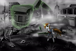 Size: 3000x2000 | Tagged: safe, artist:hereticofdune, oc, oc only, oc:littlepip, pony, unicorn, fallout equestria, bandolier, bone, boxcar, city, cityscape, clothes, cloud, cloudy, cutie mark, fanfic, fanfic art, female, glowing horn, gun, high res, hooves, horn, levitation, looking at you, magic, mare, monochrome, neo noir, partial color, pipbuck, ruins, shotgun, solo, sparkle cola, telekinesis, train, train yard, vault suit, wasteland, weapon