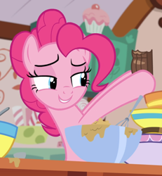 Size: 864x937 | Tagged: safe, screencap, pinkie pie, earth pony, pony, secrets and pies, chocolate bar, cropped, female, lidded eyes, mare, smug, solo