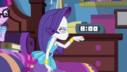 Size: 1920x1080 | Tagged: safe, screencap, rarity, sci-twi, twilight sparkle, equestria girls, equestria girls series, holidays unwrapped, spoiler:eqg series (season 2), alarm clock, bags under eyes, bed, blizzard or bust, book, bracelet, clock, dresser, exhausted, female, geode of shielding, jewelry, magical geodes, sci-twi's room, studying, textbook, tired, waking up