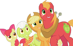 Size: 6851x4315 | Tagged: safe, artist:squeemishness, apple bloom, applejack, big macintosh, granny smith, earth pony, pony, baby cakes, apple bloom's bow, apple family, applejack's hat, bow, cowboy hat, hair bow, hat, neckerchief, simple background, smiling, transparent background, vector