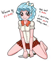 Size: 2688x3080 | Tagged: safe, artist:artemis-polara, derpibooru import, cozy glow, equestria girls, barefoot, bow, clothes, cozybetes, creepy, cute, dialogue, equestria girls-ified, feet, female, freckles, hair bow, knife, legs, looking at you, miniskirt, pleated skirt, simple background, skirt, smiling, solo, text, transparent background, wanna be friends?, yandere, yandereglow