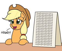 Size: 1100x900 | Tagged: safe, artist:mkogwheel edits, edit, applejack, earth pony, pony, applejack's sign, howdies in the comments, howdy, solo, text