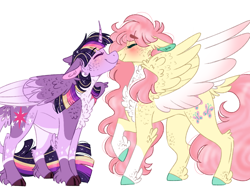 Size: 1024x768 | Tagged: safe, artist:wanderingpegasus, derpibooru import, fluttershy, twilight sparkle, twilight sparkle (alicorn), alicorn, pegasus, pony, blushing, chest fluff, colored hooves, colored wings, cute, eyes closed, female, floppy ears, lesbian, mare, raised hoof, shipping, shyabetes, simple background, smiling, twiabetes, twishy, unshorn fetlocks, white background