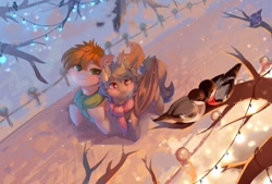 Size: 1280x866 | Tagged: safe, artist:peachmayflower, oc, oc only, bat pony, bird, pony, bat pony oc, clothes, looking at something, scarf, snow, snowfall, tree, winter