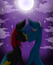 Size: 810x986 | Tagged: safe, artist:dualtry, derpibooru import, oc, pony, couple, female, love, male, mare, moon, night, oc x oc, playstation, shipping