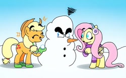 Size: 400x248 | Tagged: safe, artist:cailauniverse, applejack, fluttershy, earth pony, pegasus, pony, clothes, crossover, earmuffs, gloves, nintendo, scarf, snow, snowman, super mario bros., wario, winter, winter outfit