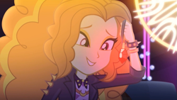 Size: 1027x578 | Tagged: safe, screencap, adagio dazzle, better together, equestria girls, find the magic, adoragio, beautiful, bracelet, clothes, cute, gem, jacket, jewelry, leather jacket, looking at something, siren gem, smiling, solo, spiked wristband, when she smiles, wristband