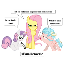 Size: 5000x5000 | Tagged: safe, artist:degranomelody, cozy glow, fluttershy, sweetie belle, pegasus, pony, unicorn, blunt, drugs, german, hashtag, marijuana, simple background, text, transparent background, vulgar