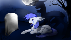 Size: 1920x1080 | Tagged: safe, artist:shaoblades, oc, oc:gabriel, pegasus, pony, cold, crying, female, full moon, gravestone, graveyard, grief, grieving, implied death, mare, moon, night, sad, shadow, solo