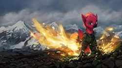 Size: 1920x1080 | Tagged: safe, artist:quvr, oc, oc only, oc:arcus flamefeather, hippogriff, clothes, fire, male, mountain, mountain range, solo