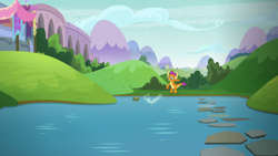 Size: 1280x720 | Tagged: safe, derpibooru import, screencap, smolder, dragon, father knows beast, dragoness, female, skipping stones, solo, stepping stones, water