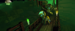 Size: 5120x2160 | Tagged: safe, artist:jerryenderby, oc, oc only, earth pony, ghost, pegasus, pony, bridge, candle, duo, flying, fog, forest, halloween, holiday, minecraft, moon, render, rendered, saddle bag, tree, ych result