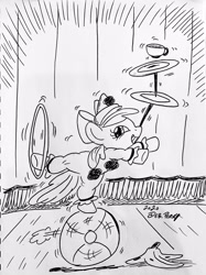 Size: 2885x3860 | Tagged: safe, artist:debmervin, apple bloom, earth pony, pony, banana peel, clown, loop-de-hoop, monochrome, plate spinning, ponies balancing stuff on their nose, solo, traditional art